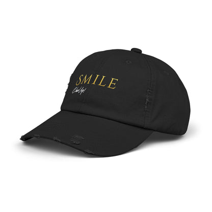 SMILE, Chin Up! Unisex Distressed Black Cap