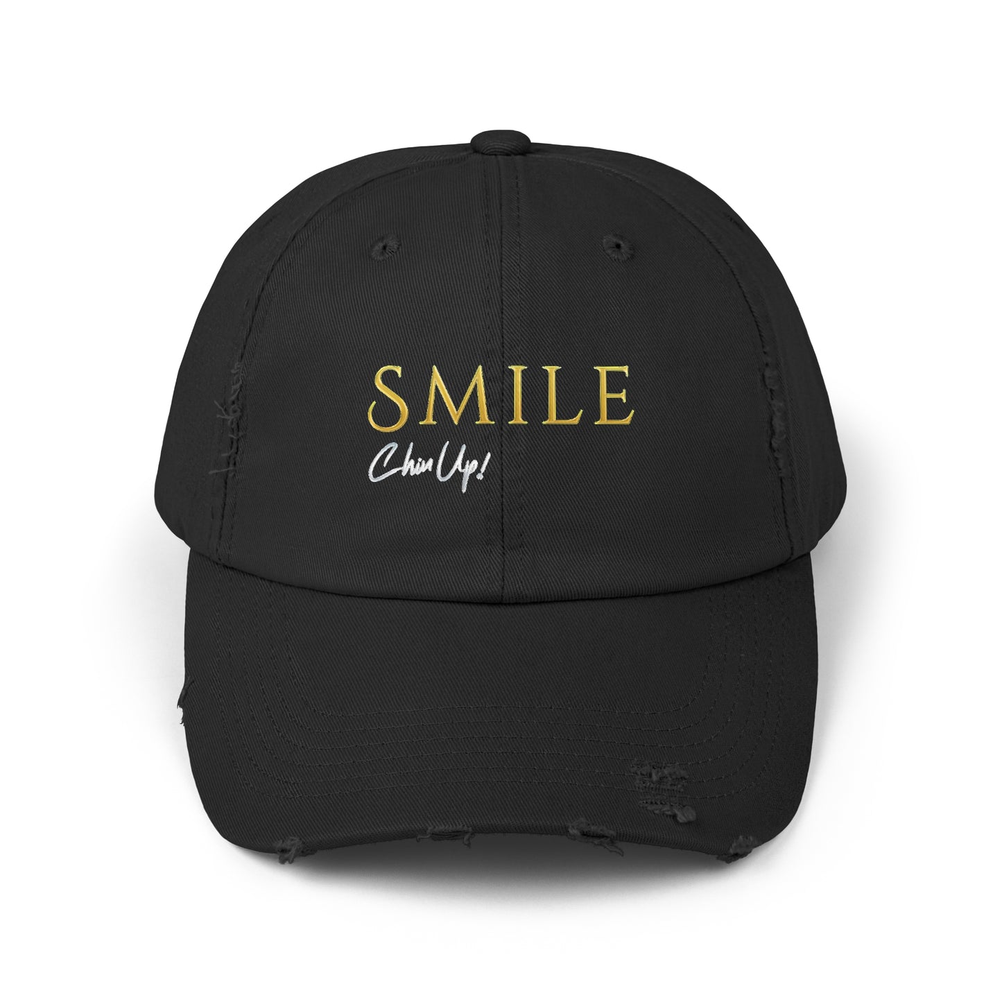 SMILE, Chin Up! Unisex Distressed Black Cap