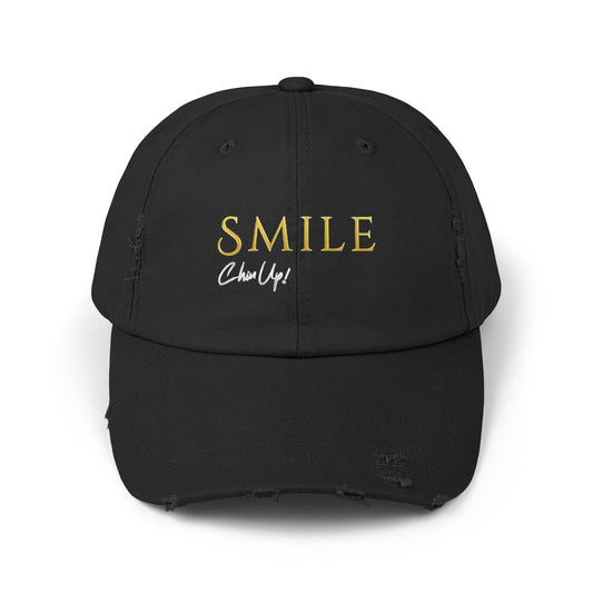 SMILE, Chin Up! Unisex Distressed Black Cap