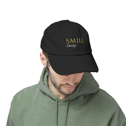 SMILE, Chin Up! Unisex Distressed Black Cap