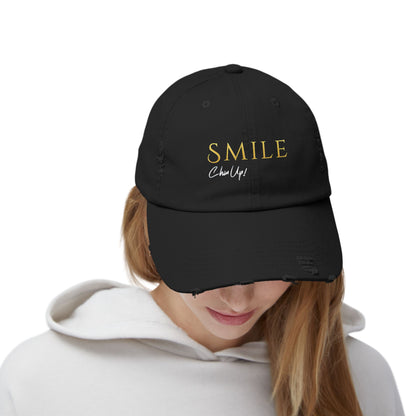 SMILE, Chin Up! Unisex Distressed Black Cap