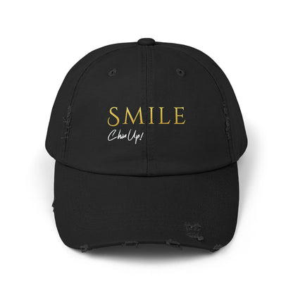 SMILE, Chin Up! Unisex Distressed Black Cap