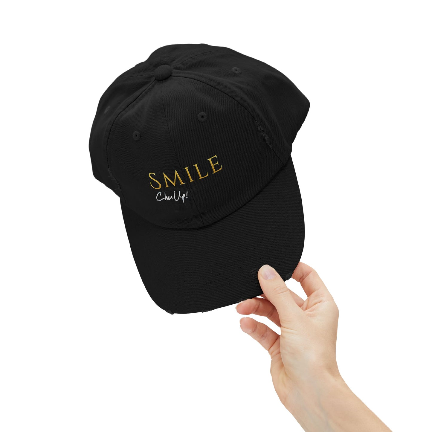 SMILE, Chin Up! Unisex Distressed Black Cap